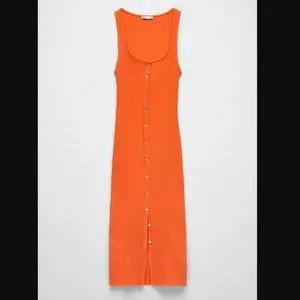 Zara | Dresses | Zara Orange Stretch Ribbed Midi Dress With